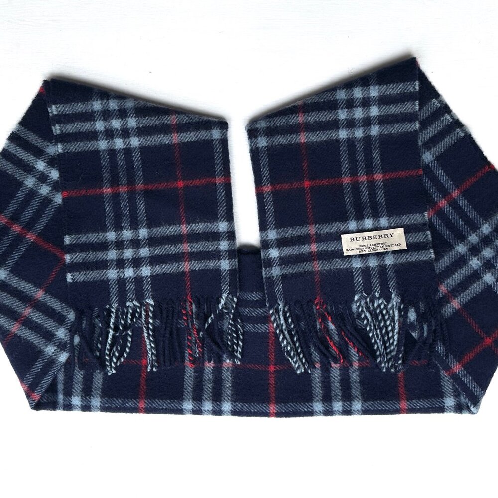 NEW - BURBERRY made in Scotland 100% Lambswool Paid Navy Scarf - UNISEX - Picture 7 of 7